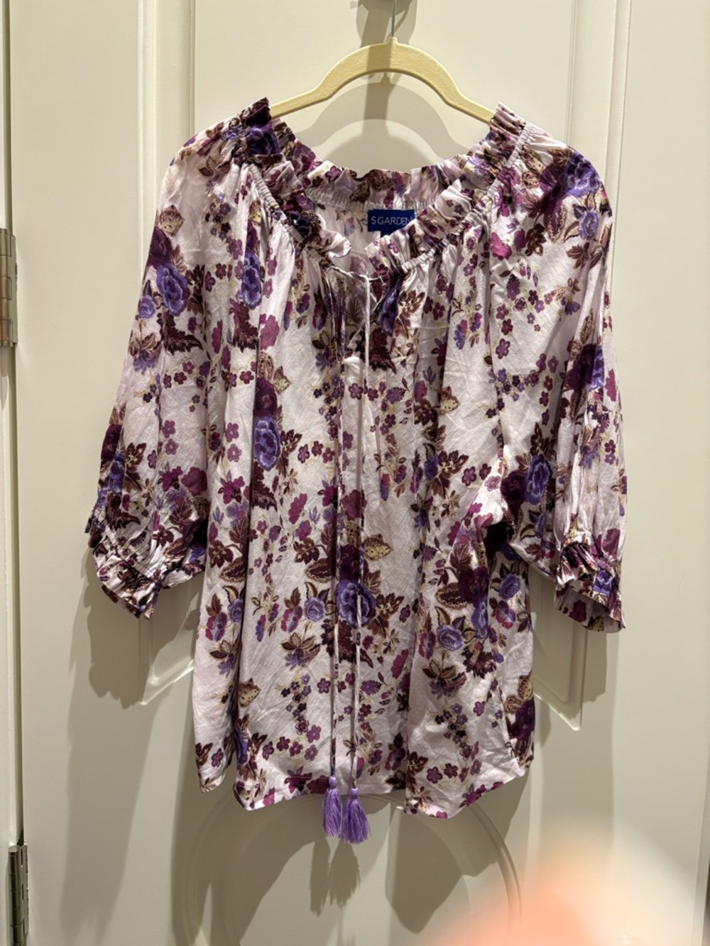 Purple Floral Tie-Neck Peasant Blouse